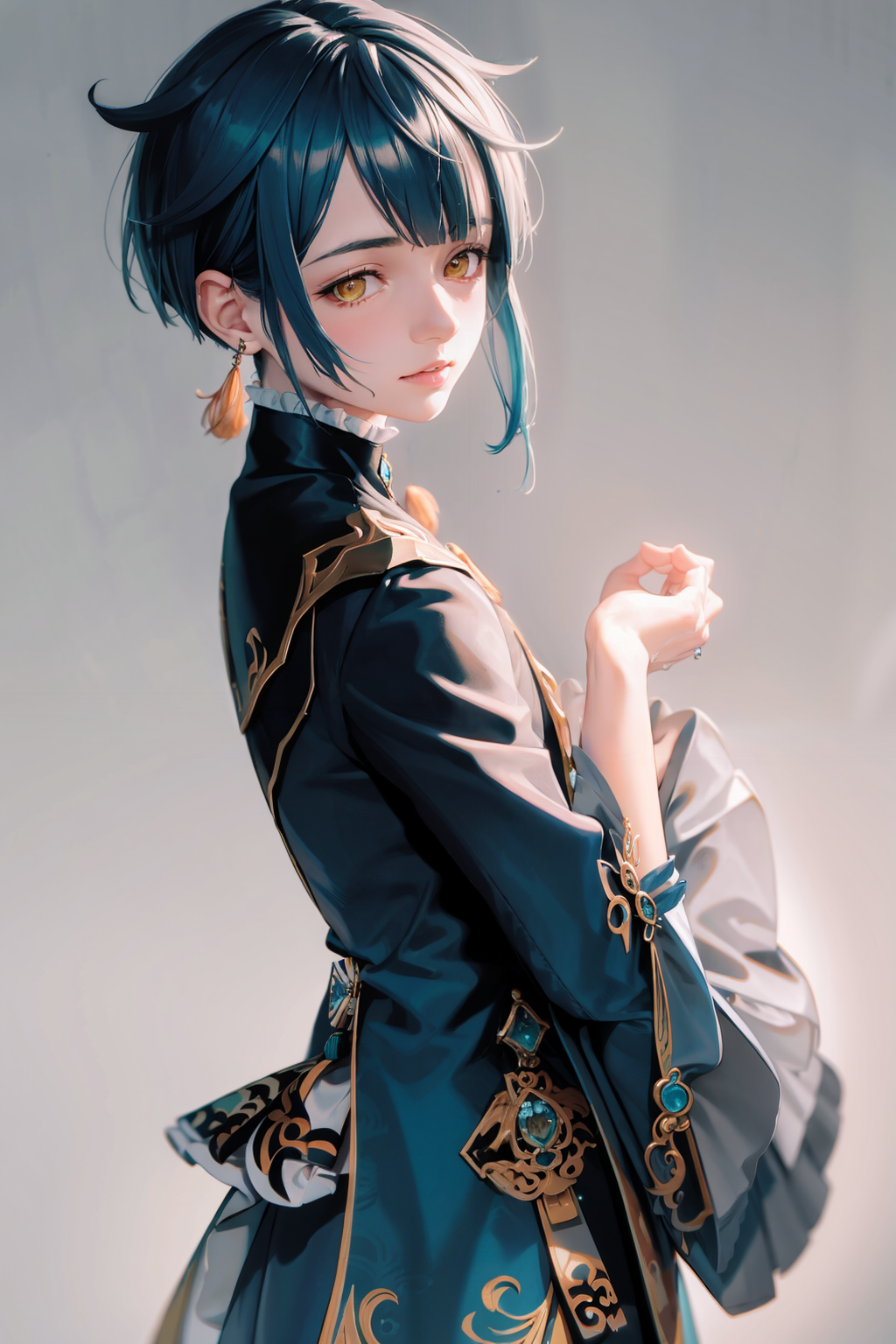 00581-2602617175-masterpiece, best quality,xingqiu (genshin impact), 1boy, male focus, solo, jewelry, blue hair, earrings, frilled sleeves, yello.png